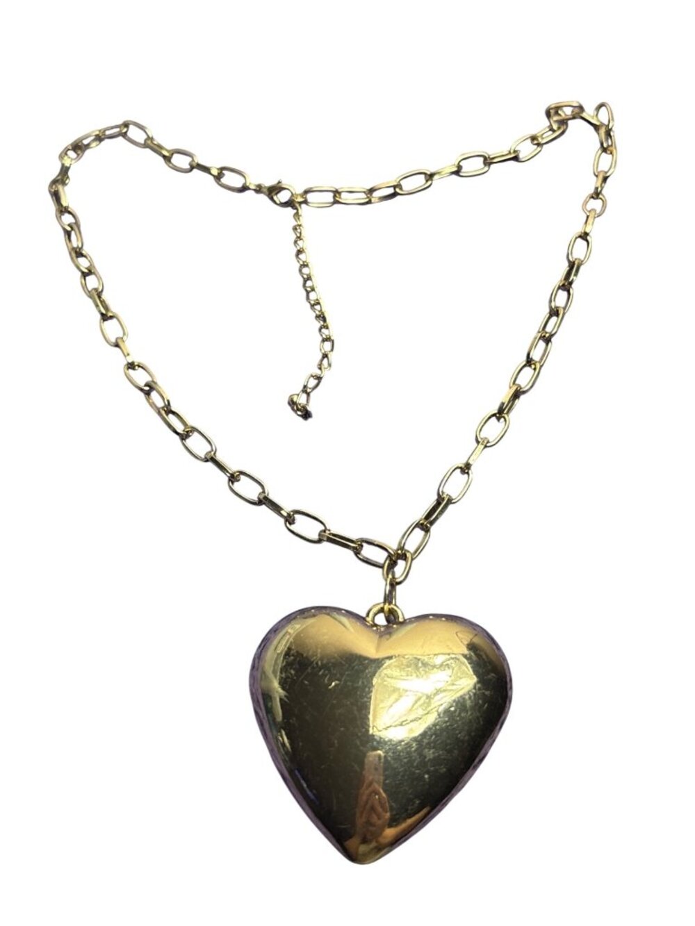 Vtg 90s Y2K Goldtone Puffy Heart Pendant Necklace Paperclip Chain Lobster Clasp